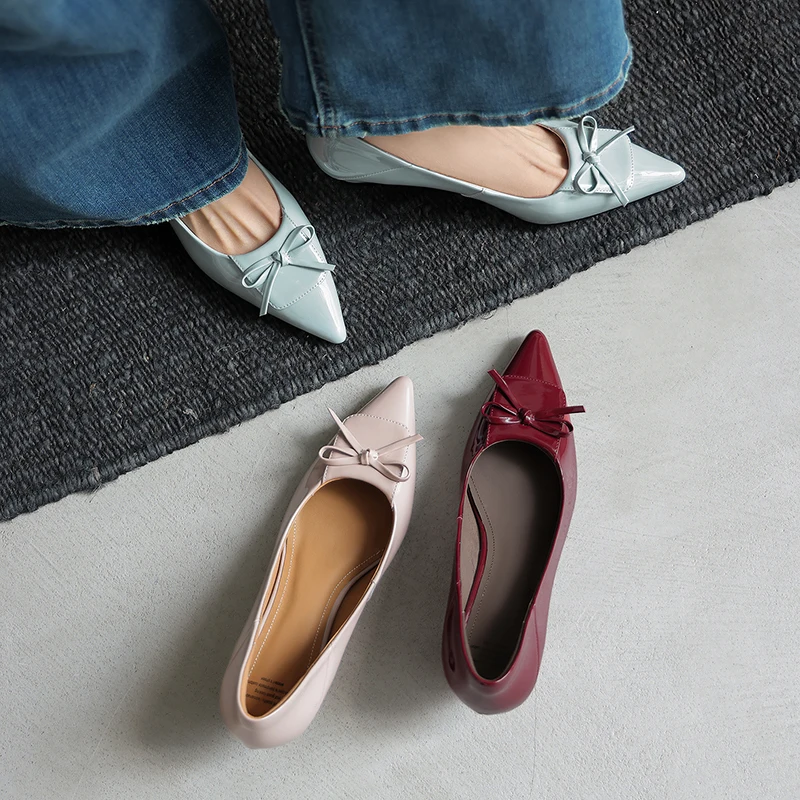2026 spring autumn women pumps natural leather 22-25cm sheepskin+cowhide+pigskin pointed toe wedges butterfly-knot women shoes