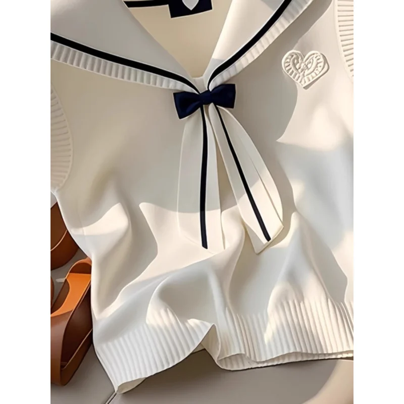 Women Sailor Collar Bow Cropped Sweater Vest Summer Color Block Sleeveless Knit Top Versatile Fashion Heart Embroidery Tank Top