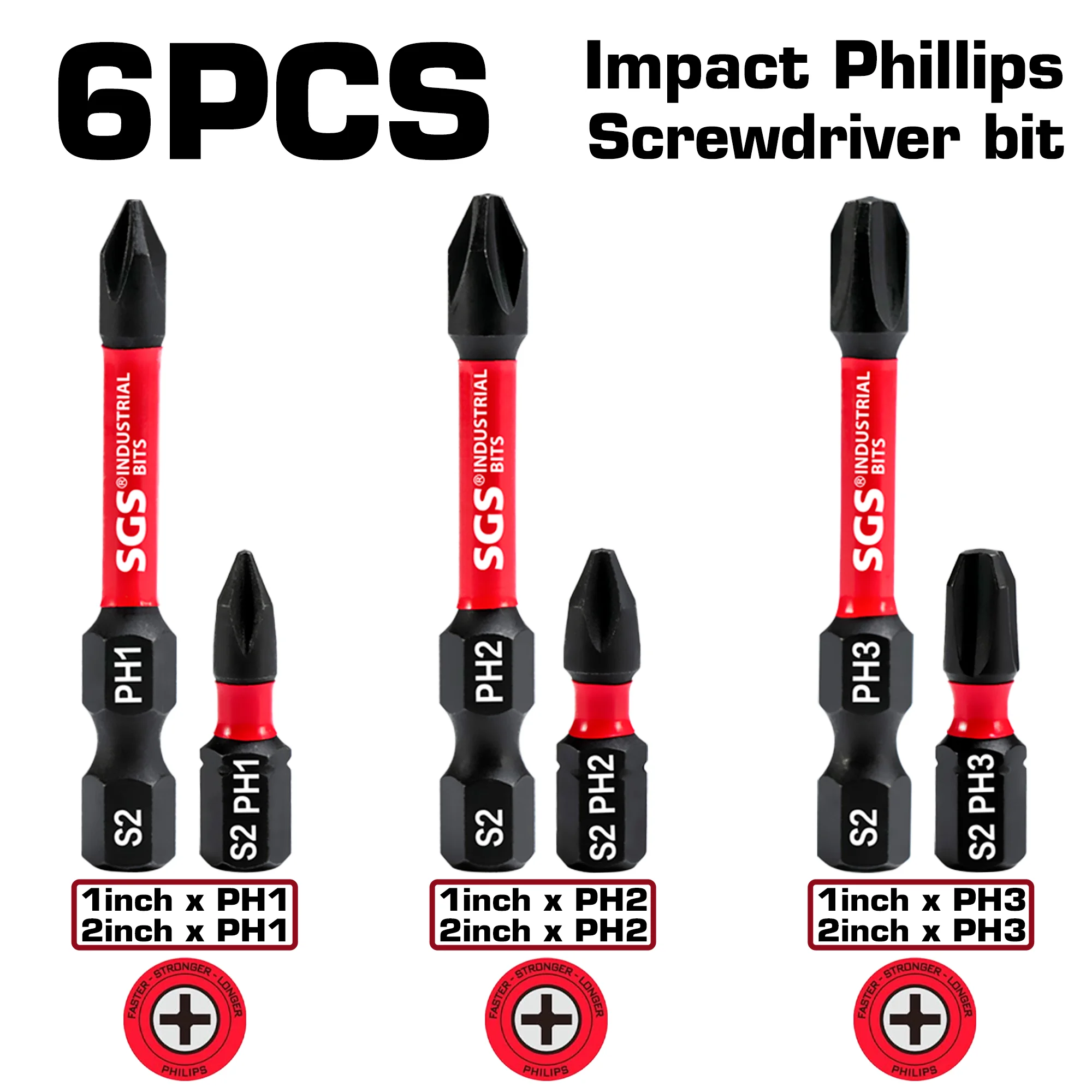 2/6Pcs High-Hardness Impact-Resistant Ph1/Ph2/Ph3 Phillips Screwdriver Bit Set, Strong Magnetic and Non-Slip, Perfectly Compatible with Power Tools