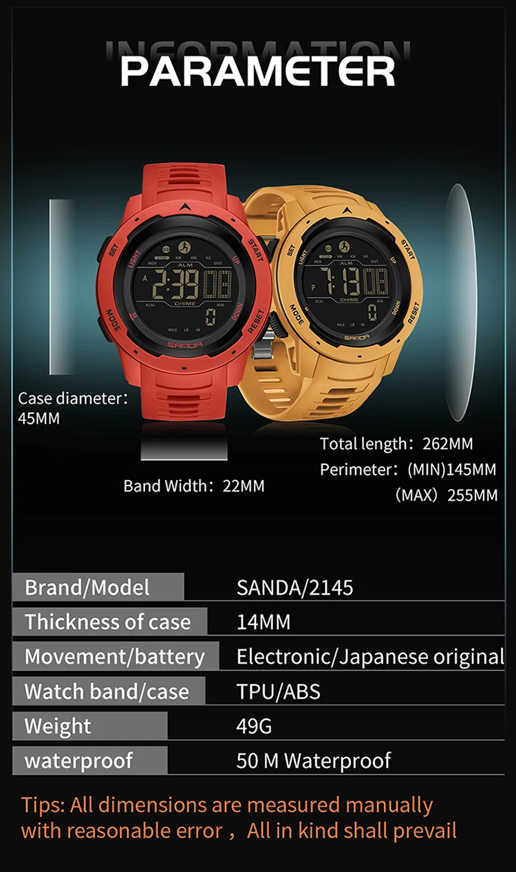SANDA 2145 Herren-Sportuhr, Schrittzähler und Kalorienzähler, 50 m wasserdichte LED-Digital-Militärarmbanduhr, Relogio Masculino – Detail 6