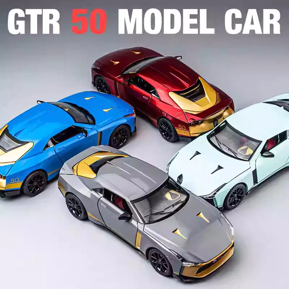 Model samochodu GTR50 GTR R34 w skali 1:24, zabawki, modele ze stopu, odlewane pojazdy, dźwięk i światło, napęd na sprężynę, miniaturowy samochód, prezent urodzinowy dla chłopców