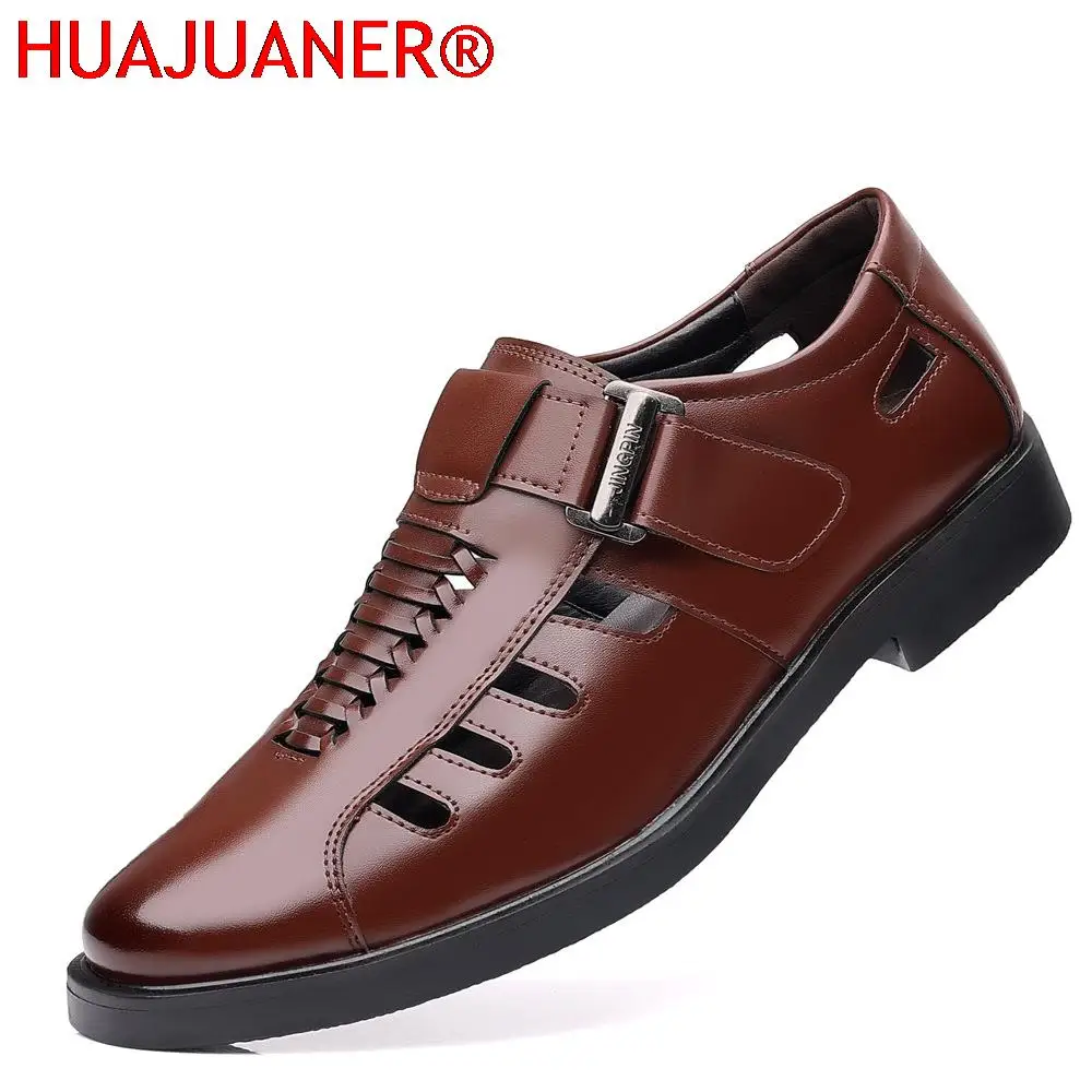 

HUAJUANER New Men's Hollow Hole Genuine Leathe Sandals Large Size Sandals Soft Leather Toe Thick Sole