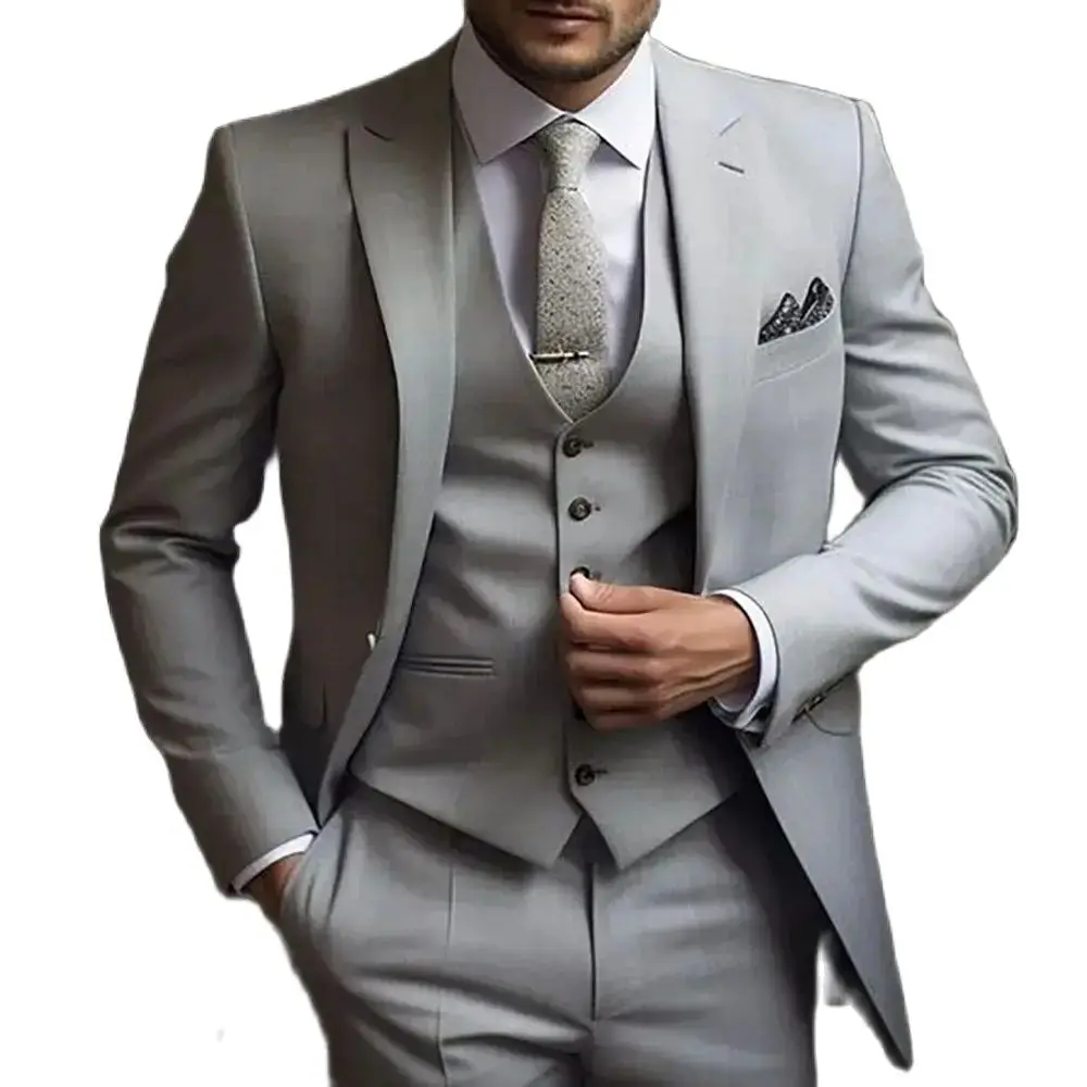 Bespoke Grey Peak Lapel Single Breasted 3 Piece Jacket Pants Vest Slim Regular Length Luxury Men\'s Suits Formal Business Blazer