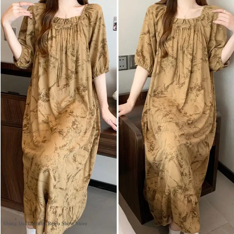 

Spring Summer Viscose Poplin Long Nightgown Lounge Wear Elegant Print Flower Square Neck Nighhtdress Home Clothes Loose Nighty
