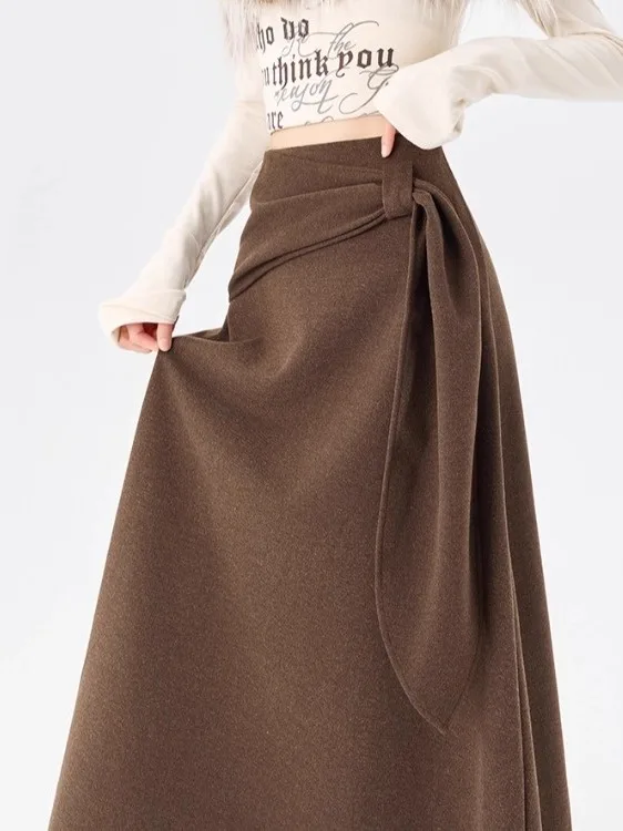 

Юбка миди А-силуэта с высокой талией из твидовой ткани кофейного цвета для женщин: идеально для весенне-осенне-зимнего сезона, для офиса и повседневной носки