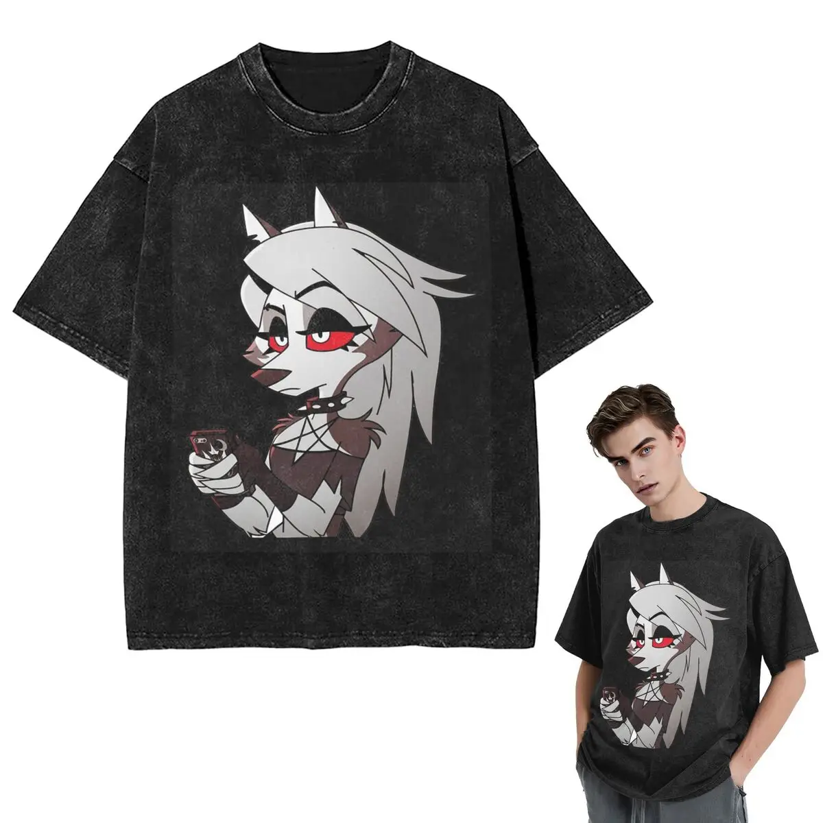 Streetwear T-Shirts Helluva Boss Loona Washed T Shirt Short Sleeve Hip Hop T-Shirt Tops Tees for Men Women
