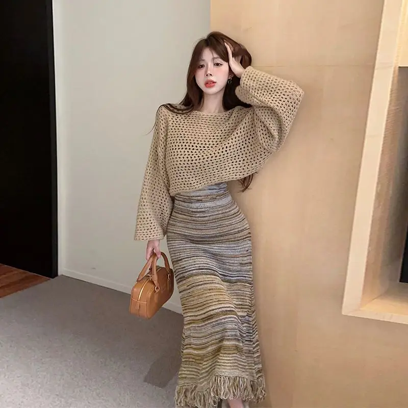 Korejpaa Gentle Pullover Dress Set Women 2024 Autumn New Simple Elegant Short Pull Femme+casual Slimming Tassel Stripe Dresses