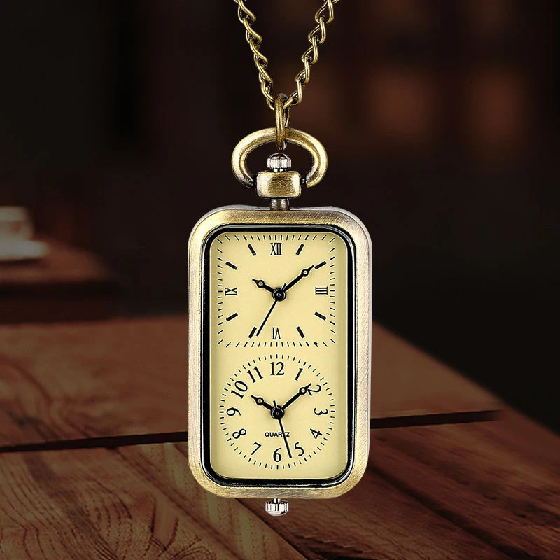 Relógio requintado bronze chaveiro relógio de bolso quadrado retro duplo tempo movimento relógio de quartzo sem capa estilo antigo pingente