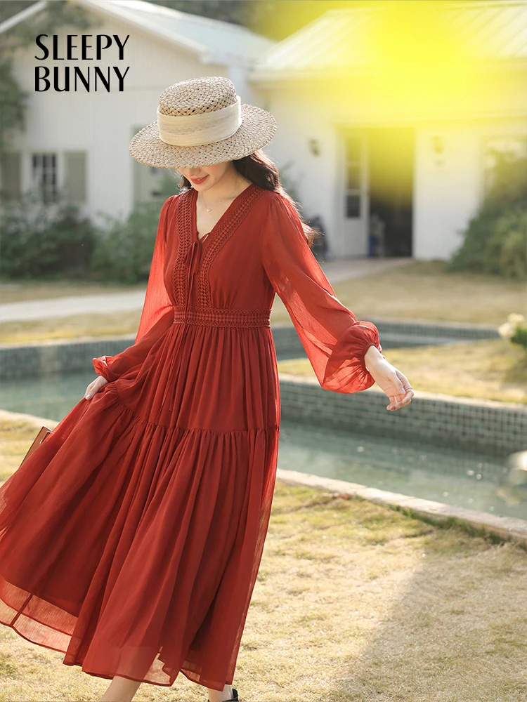 

Vintage Chiffon Maxi Dress Elegant Lantern Sleeve Vacation Dress Slim Fit High Waist Long Flowing Gown for Spring Holiday Party