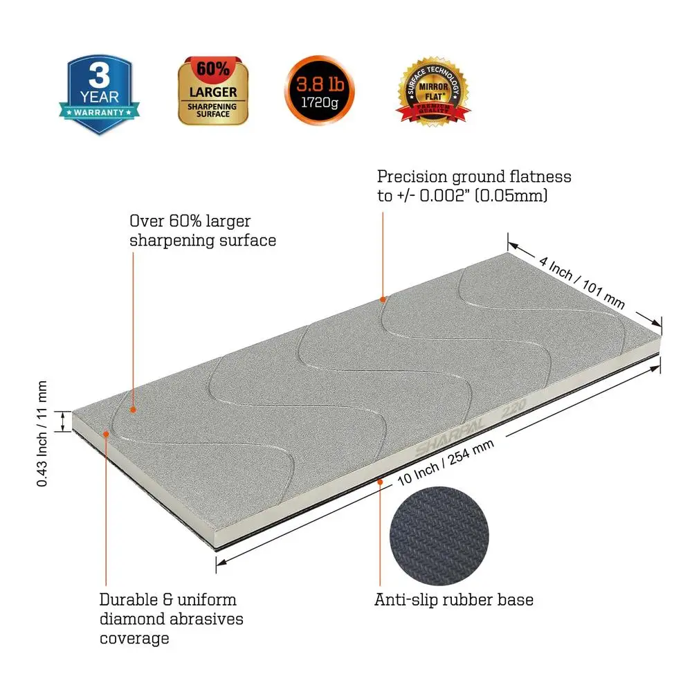 10x4 Inch Diamond Lapping Plate Whetstone Flattener Coarse 220 Grit Sharpening Stones Fix MirrorFlat Technology Anti-Slip Base