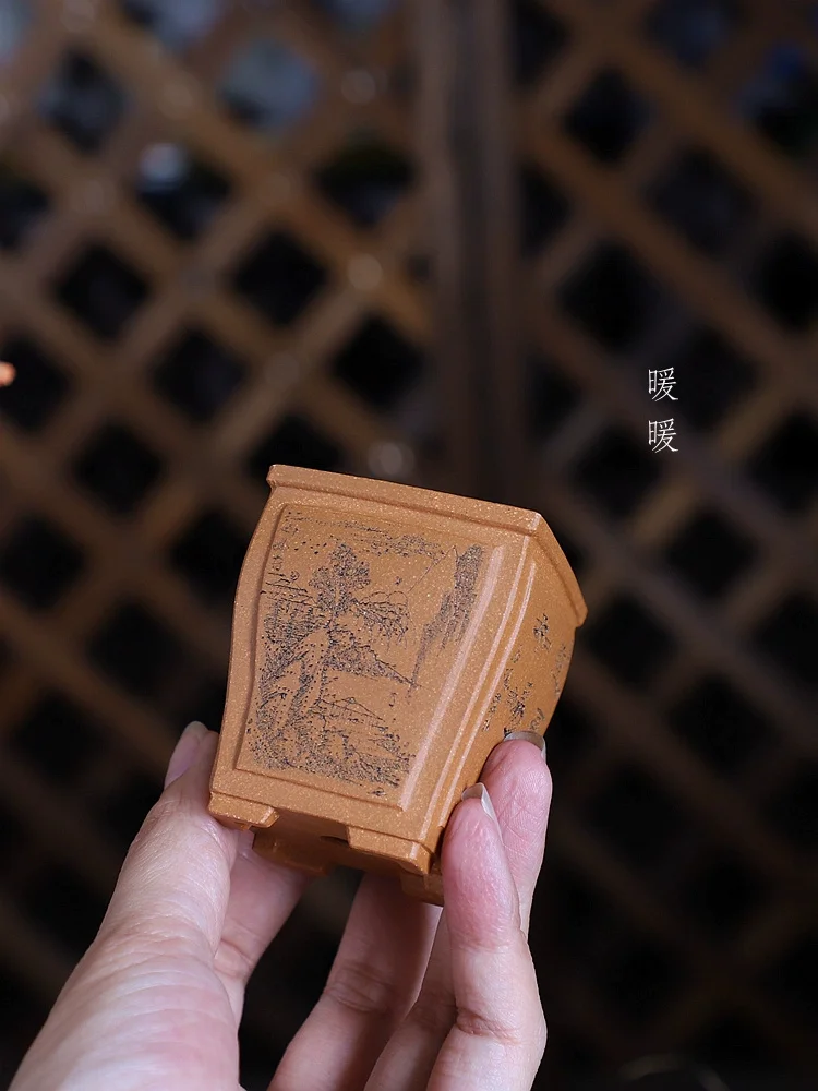 Handmade Carved Square Pottery Bonsai Pot, Small Vase, Traditional Chinese Pattern, Dormitory Room,  Garden Decorat