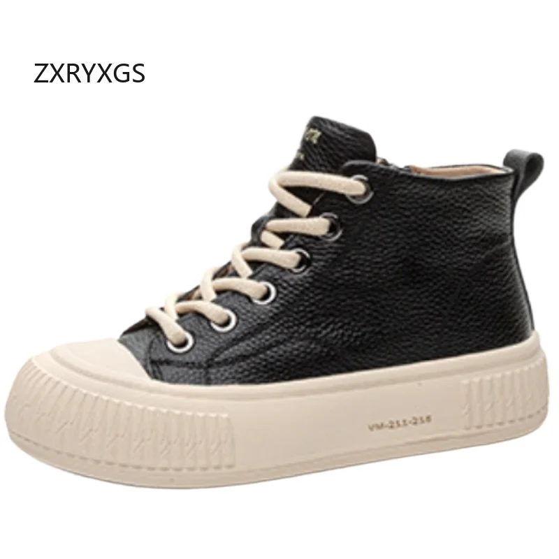 ZXRYXGS Toplaag Koeienhuid Sneakers Vrouwen Schoenen Hoge Top Trend Laarzen 2026 Nieuwe Lente Lace-up Platte Sneaker Casual Schoenen Zachte zool