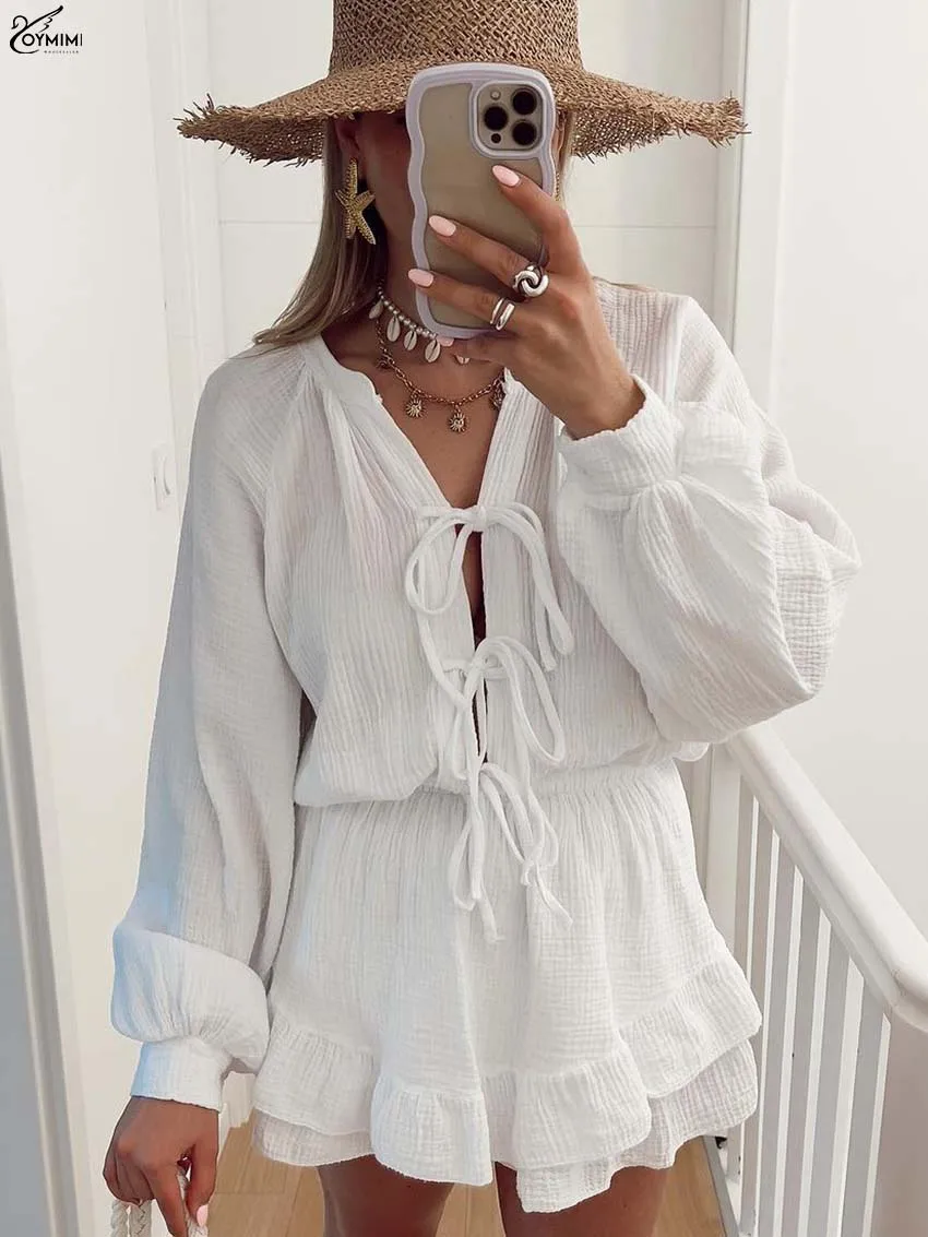 Oymimi Elegant White 2 Piece Sets Woman Outfits Fashion V-Neck Long Sleeve Lace-Up Shirts And High Waist Pleated Mini Skirts Set