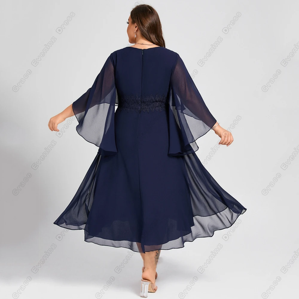 Navy Blue Plus Size Mother of Bride Dresses for Women Full Sleeve Wedding Party Dresses Strapless Tea Length Robe De Soirée 2024