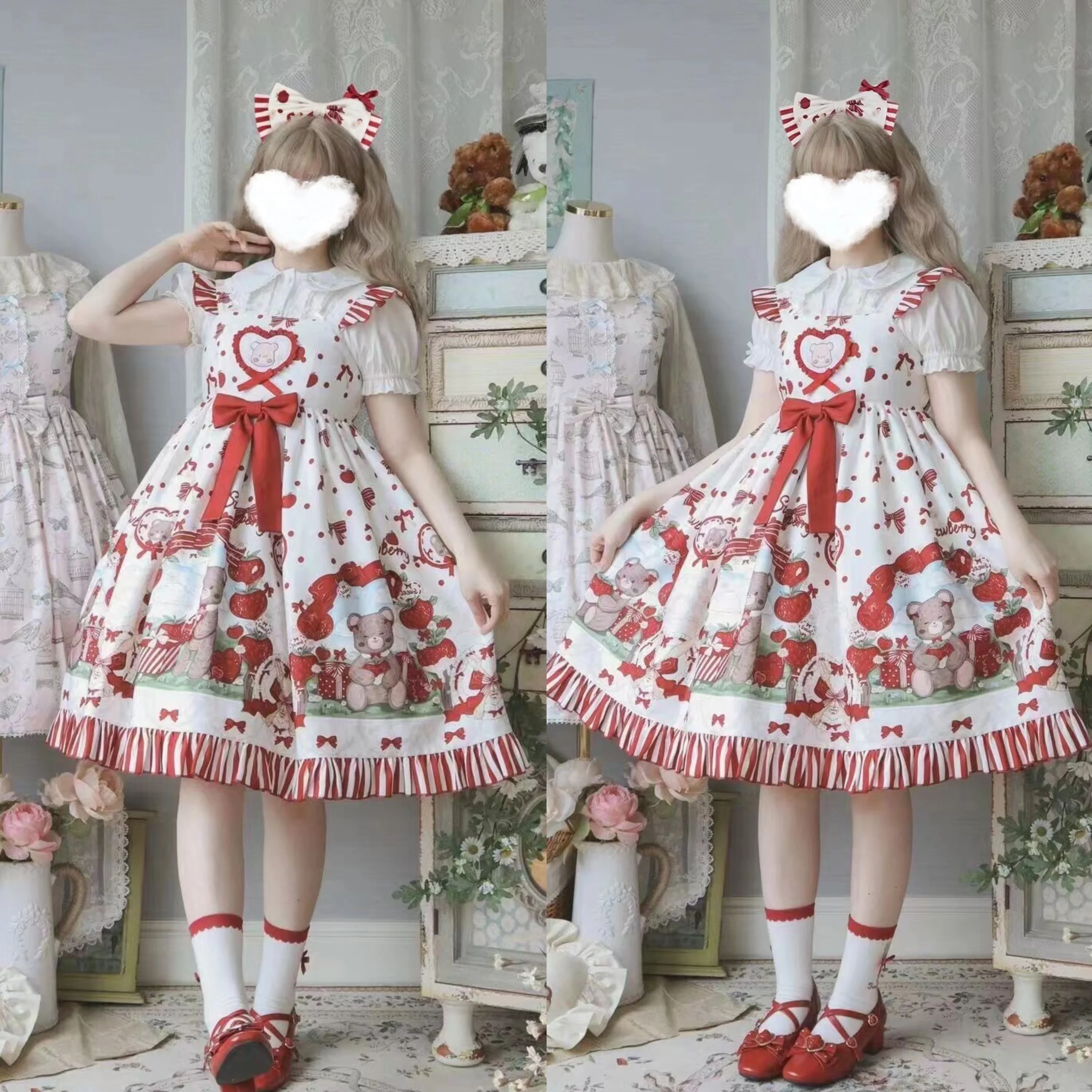 Japanse Zoete Meisje Lolita Jurk Geborduurde Strik Ronde Hals Bladerdeeg Mouw Hoge Taille Slim Fit A-lijn Leuke Print Korte Jurk 2025