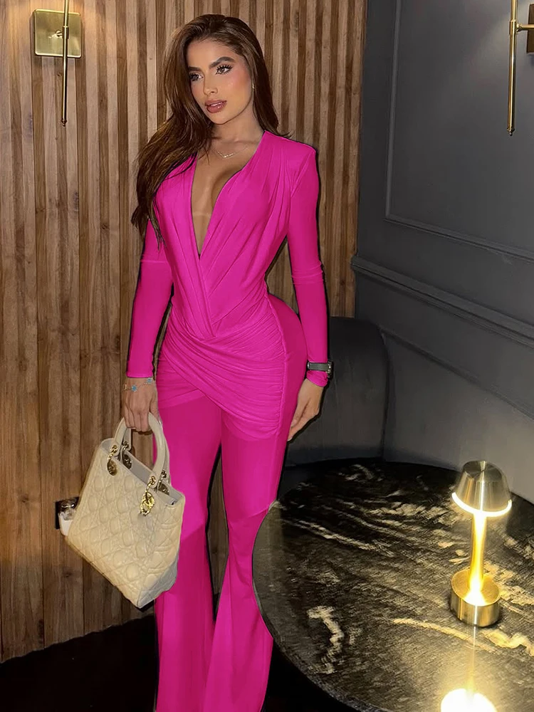 Weird Puss Cross Ruched Jumpsuit Women Patchwork Deep V-Neck Full Sleeve Elegant Skinny Stretch Workout Office Classic Overalls