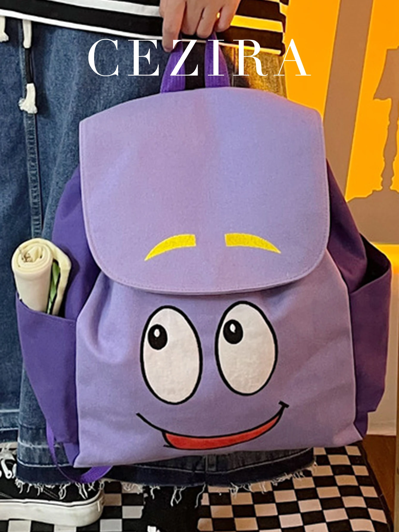CR Kawaii Cute Backpack Cartoon Smile Face Large Flap Cover Drawstring Knapsack Treasure Map Zip Pencil Purse Student Travel Bag