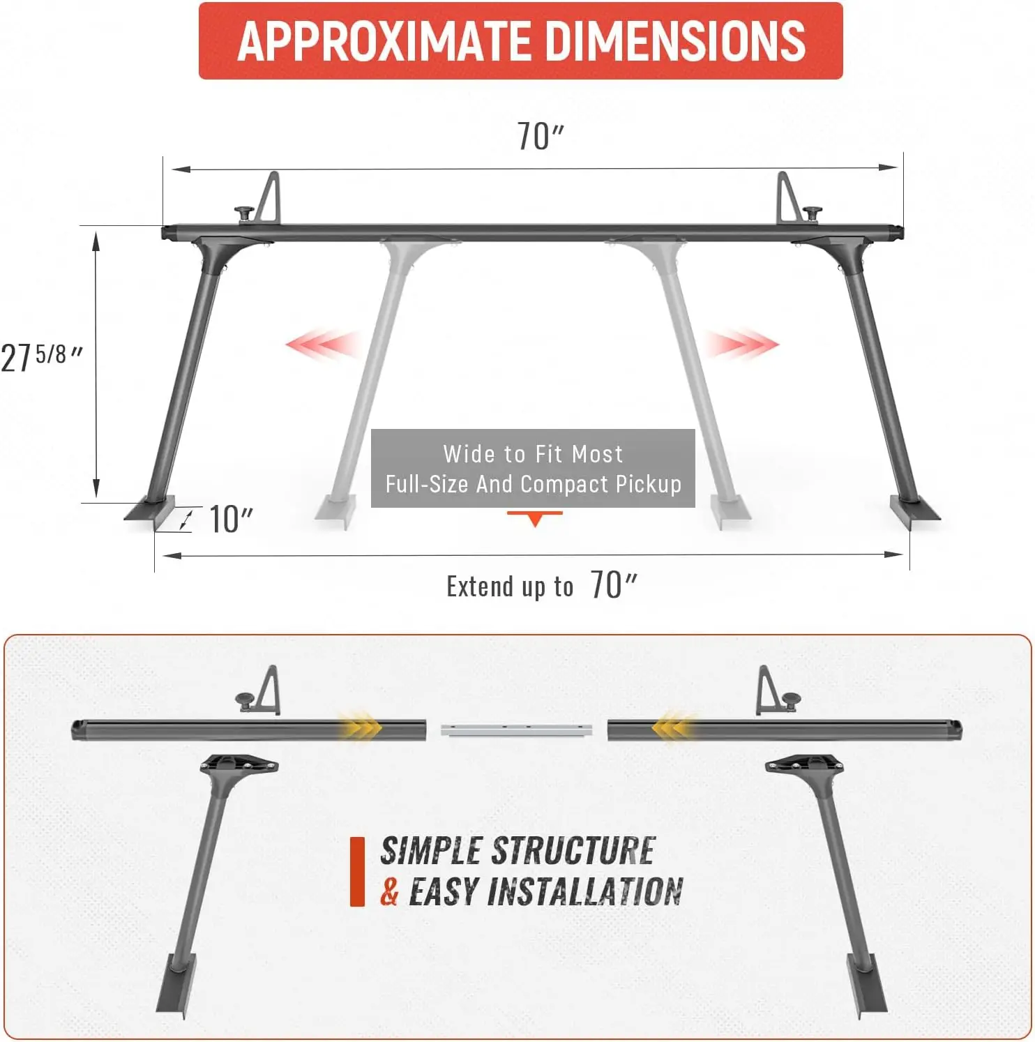 Adjustable Pick - Up Ladder Rack for Trucks - Aluminum, No Drilling Required, Black