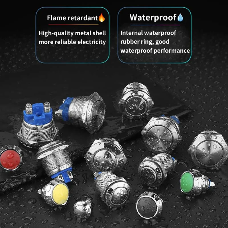 1Pcs 2Pin Mini Switch 12mm  2A waterproof switch  momentary Push button Switch reset Non-locking metal shell 1NO 36V color