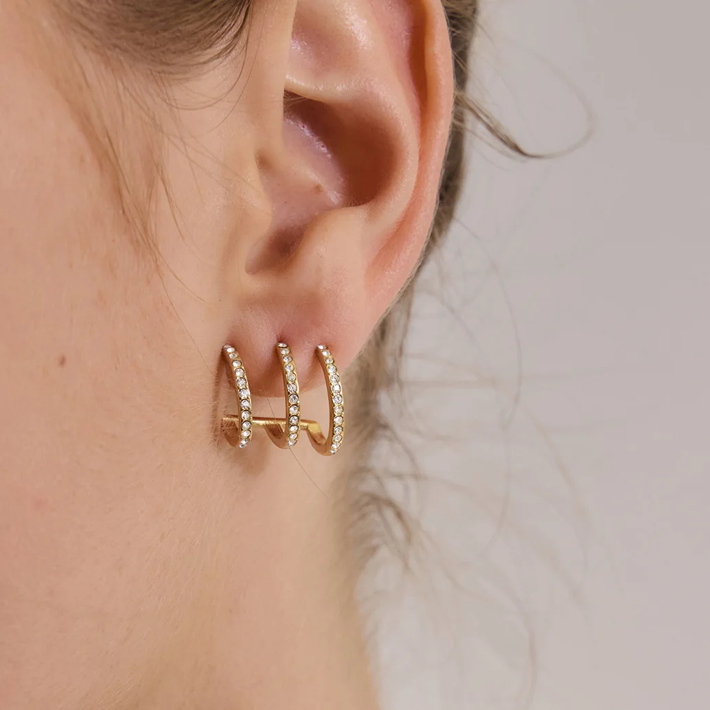 Stainless Steel Multi Layered Earrings Hollow C Shaped Layered Earrings Non Tarnish Titanium Steel Jewelry Rhinestone Earring