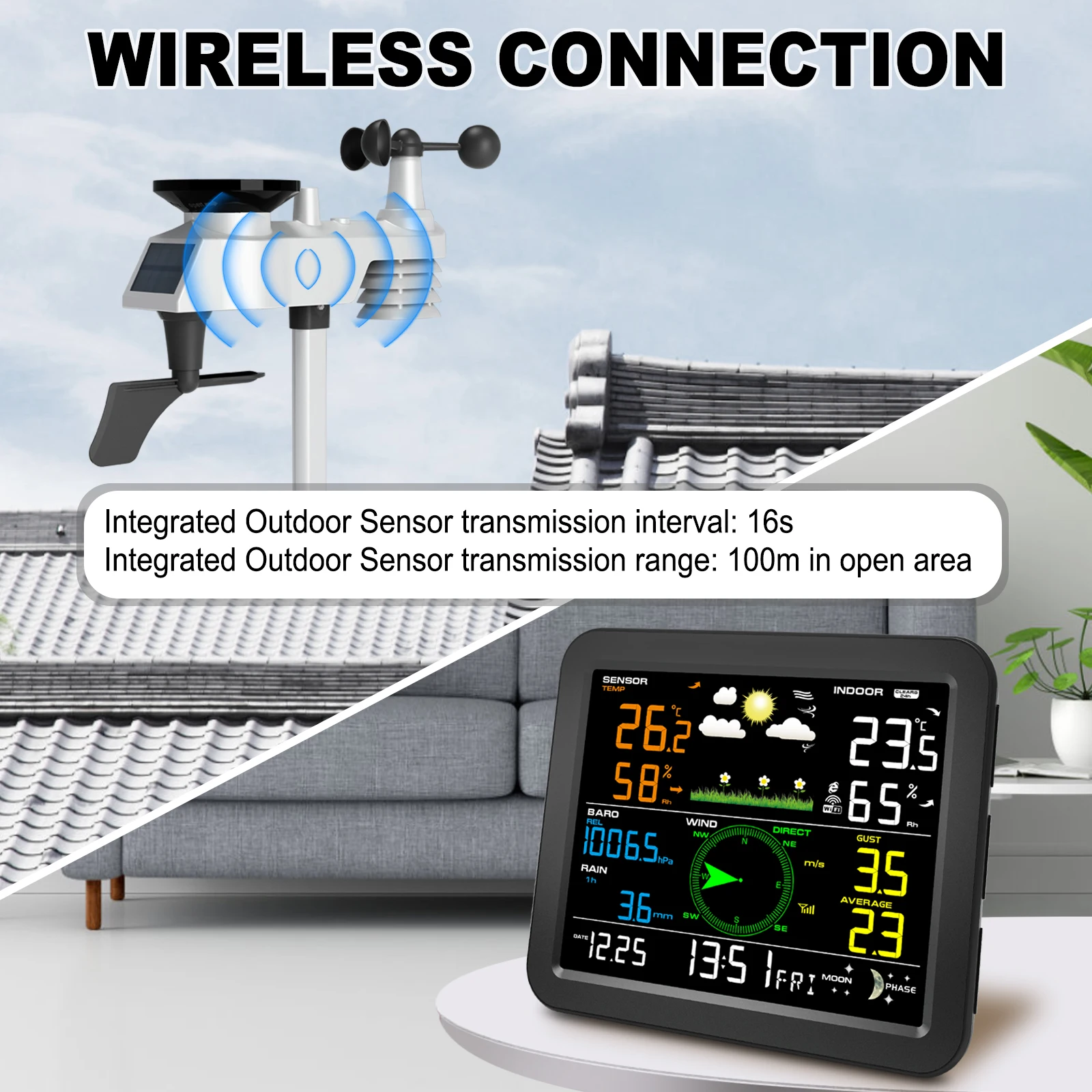 محطة الطقس اللاسلكية 7 في 1 شاشة ملونة عالية الدقة مقياس حرارة داخلي/خارجي مقياس الرطوبة مقياس الرياح والمطر للمنزل