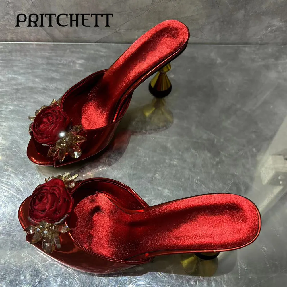 

Red Rose Rhinestone Slippers Round Toe Shaped Heel High Heel Sandals Large Size Open Toe Fish Mouth Fashionable Women's Shoes