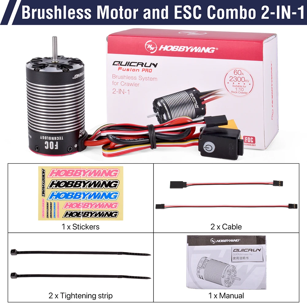 HobbyWing RC Borstelloze Motor en ESC Combo 2-IN-1 1/10 Schaal 2S-3S 60A 2300KV voor Crawler