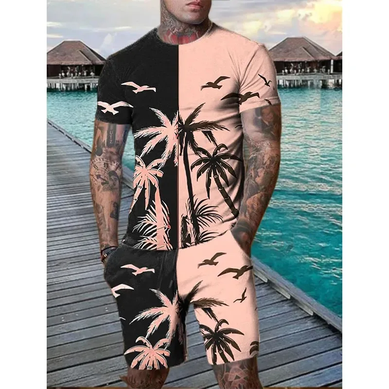 

2025 New Hawaiian Beach 3D Printed Coconut Tree Print Men's Suit T-shirt Shorts Two-piece Set Sports Oversized Clothing