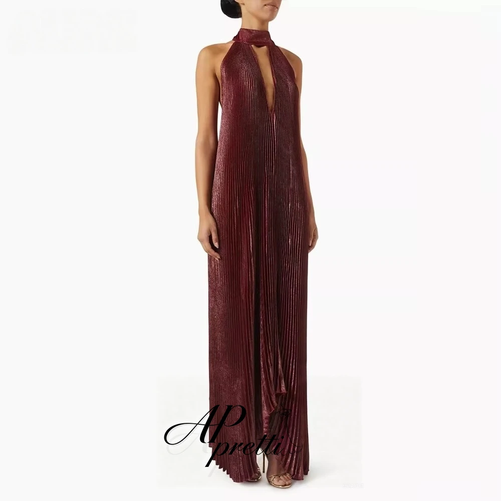 AP pretti Chic Halter Evening Dress Customized Sleeveless Metallic Pleated Floor‑Length Formal Party Gown Prom Dress For Women