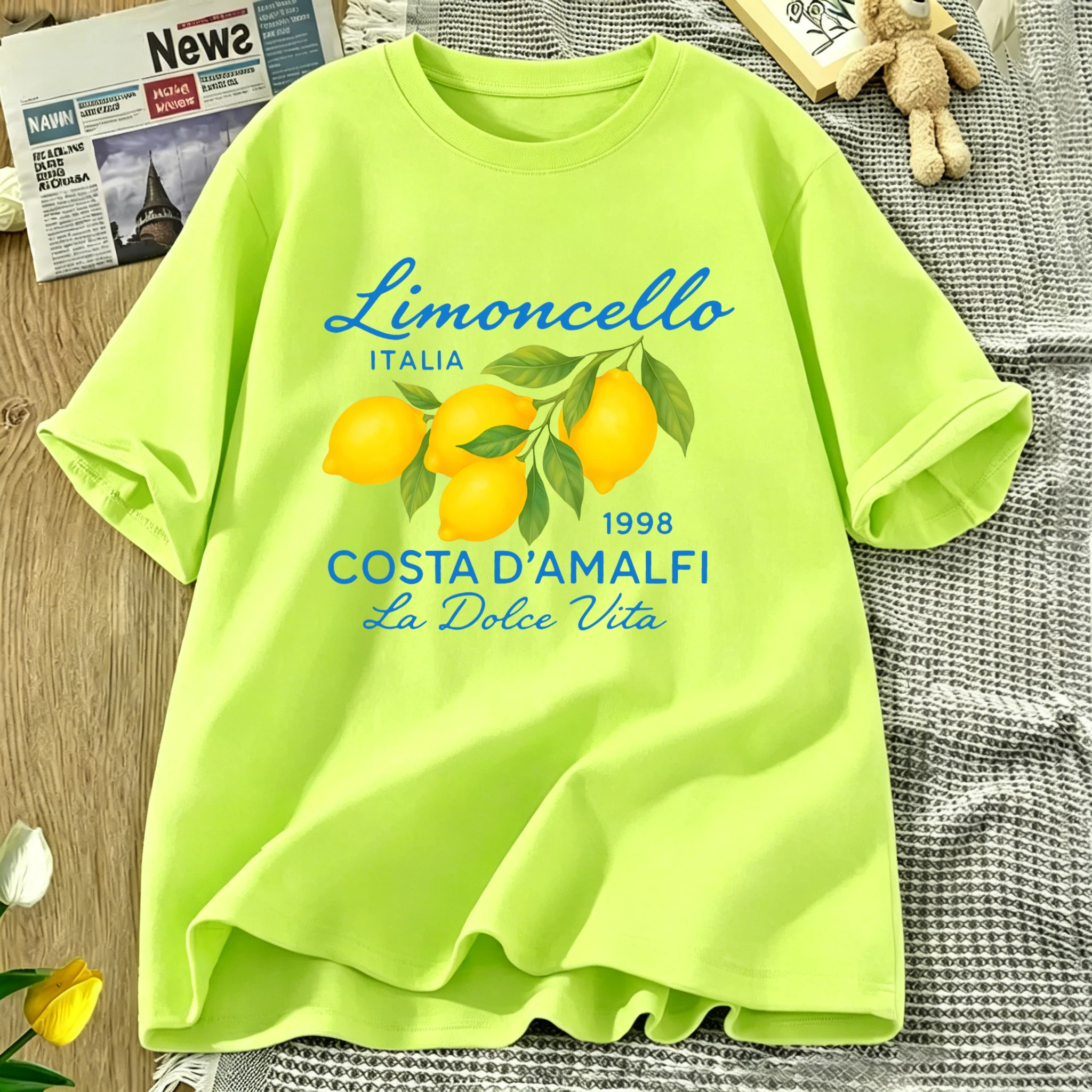 Camiseta con estampado de limón Limoncello Italia La Dolce Vita para mujer, camiseta informal transpirable de manga corta de algodón, camisetas holgadas con cuello redondo de verano