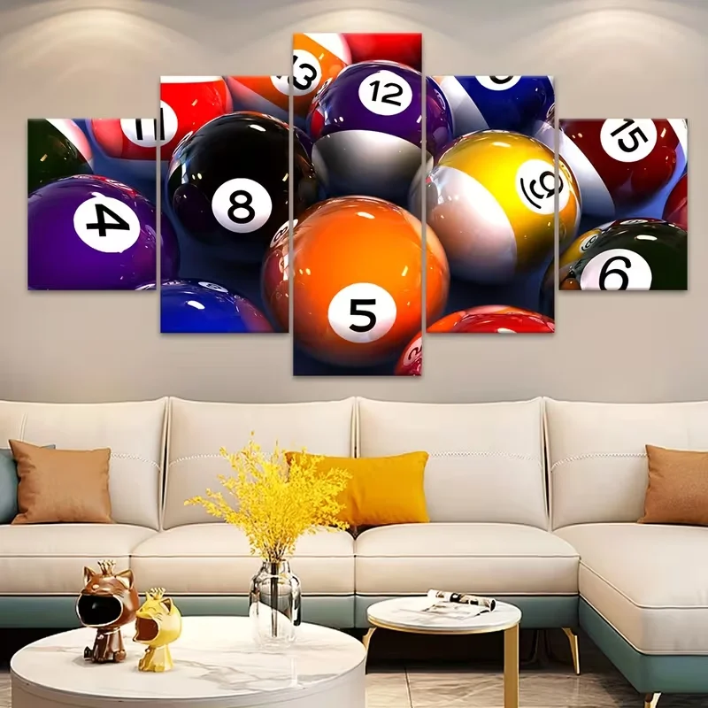 2D Flat, [2D FLAT] 5pcs Frame Billiards Game Entertainment Canvas Poster, Five Panel Scene Art, Modular Picture, Print Painting,