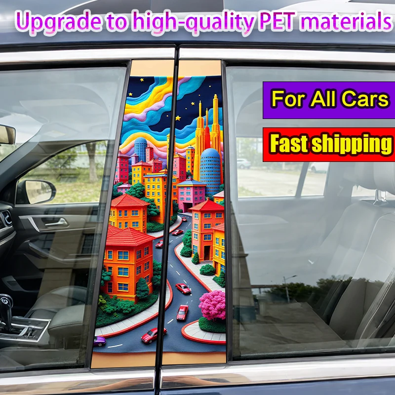 

2-Pack Car Pillar Stickers Colorful Cartoon City Vinyl Waterproof and Sunproof Protective Sticker