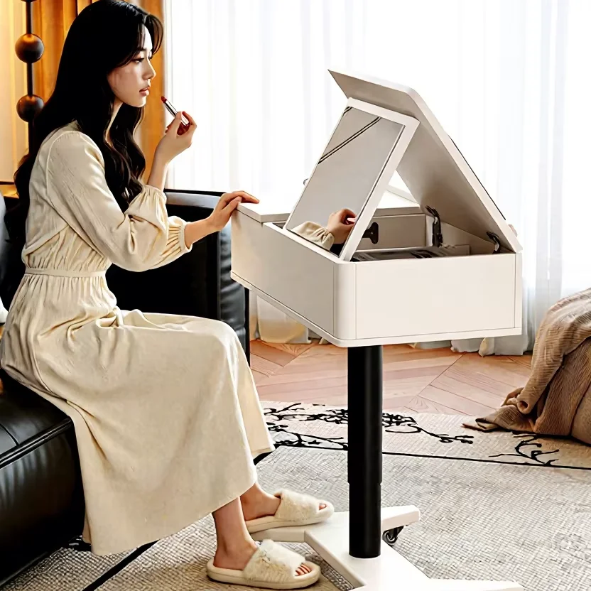 Modern Solid Wood Movable Lifting Dressing Table Flip Mirror Rotating Bedside Table Desk Multifunctional Dressing Table