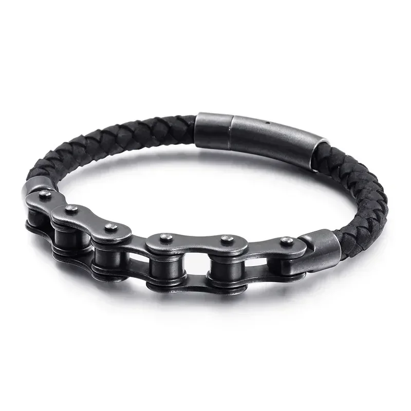 

Exquisite Fashion Mechanical Chain Woven Black Leather Bracelet Men\\\'s Creative Bicycle Jewelry Gift Accessories