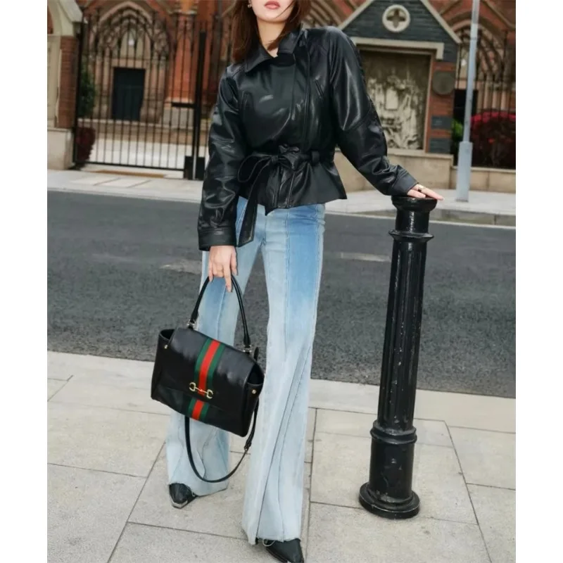 Guobioziy Minimalist Style Women s Jacket 2026 Autumn New Fashion Long Sleeve Turn Down Collar Leather Effect Belted Waist Coat