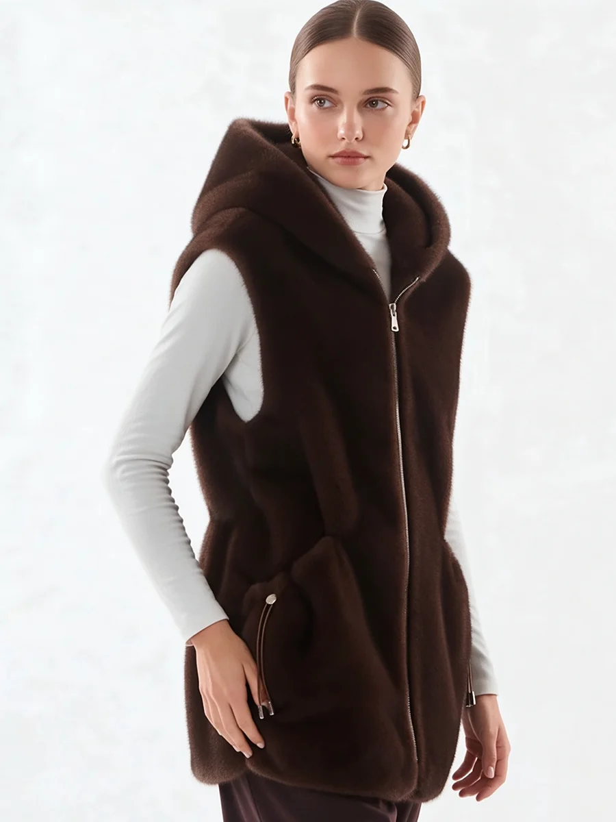 Women Faux Mink Fur Hooded Vest 2026, Zip Up Sleeveless Gilet with Drawstring Pocket Warm Winter Outerwea