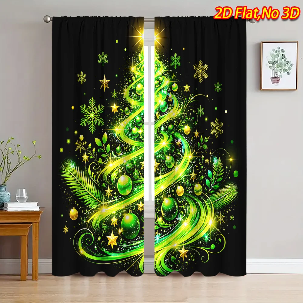 Green Christmas Tree Curtains Festive Xmas Snowflake Print Drapes Holiday Window Treatment for Living Room Bedroom DecorBlackout