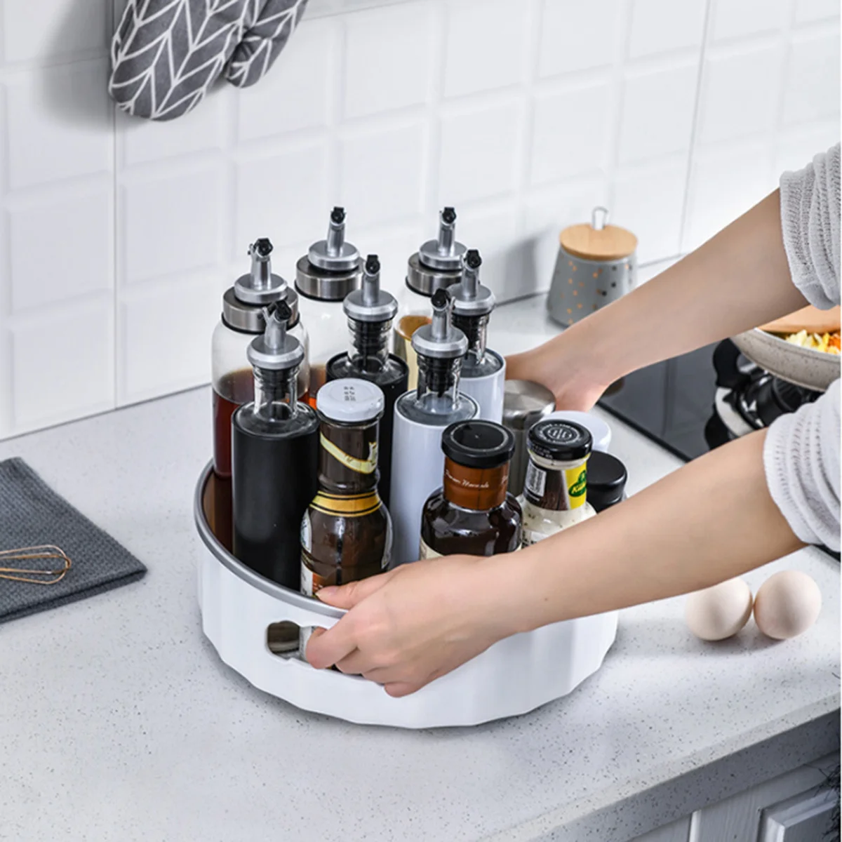 

Silver Gray Plastic Rotating Storage Box Multifunctional Jewelry Skin Care Organizer Tray Desktop Storage Container