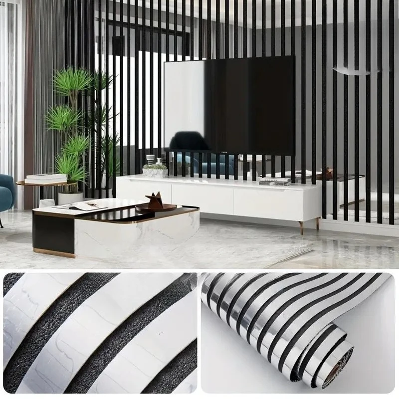 Customized 3D Slat Grille Self‑Adhesive PVC Wallpaper for Living Room Dining Room Bedroom Background Wall Stickers