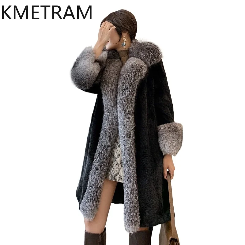 KMETRAM Natural Mink Fur Coat Woman Fox Fur Collar Jacket Stylish Long Fur Coats Winter Warm Women Clothes 2026 дубленка женская