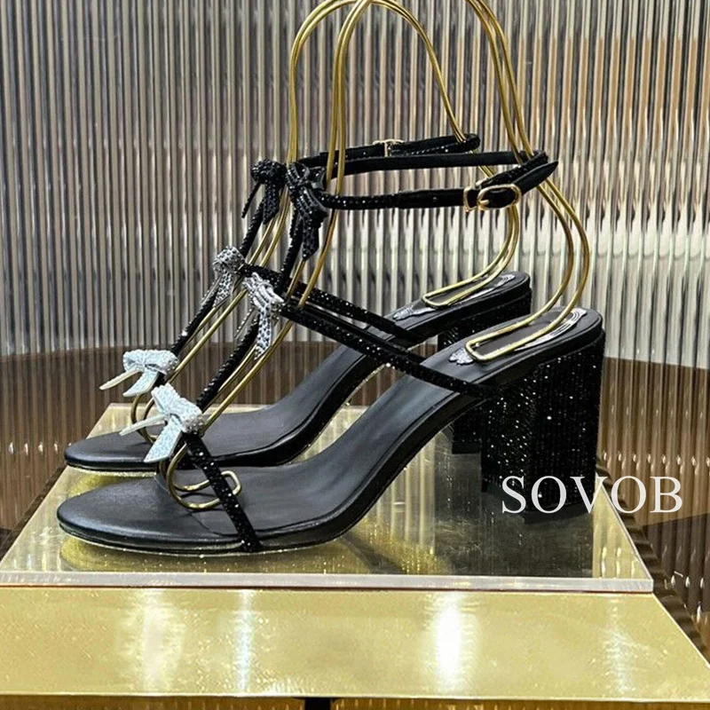 Summer Bling Rhinestone Bow Decoration Sandals Women Round Toe Sweet Style Narrow Band  Chunky Sandalias Wedding Banquet Shoes