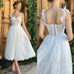 Elegant A-Line Sexy Sweetheart Backless White Wedding Dress 3D Butterfly Strap Bridal Party Prom Dress Tea Length Customized New