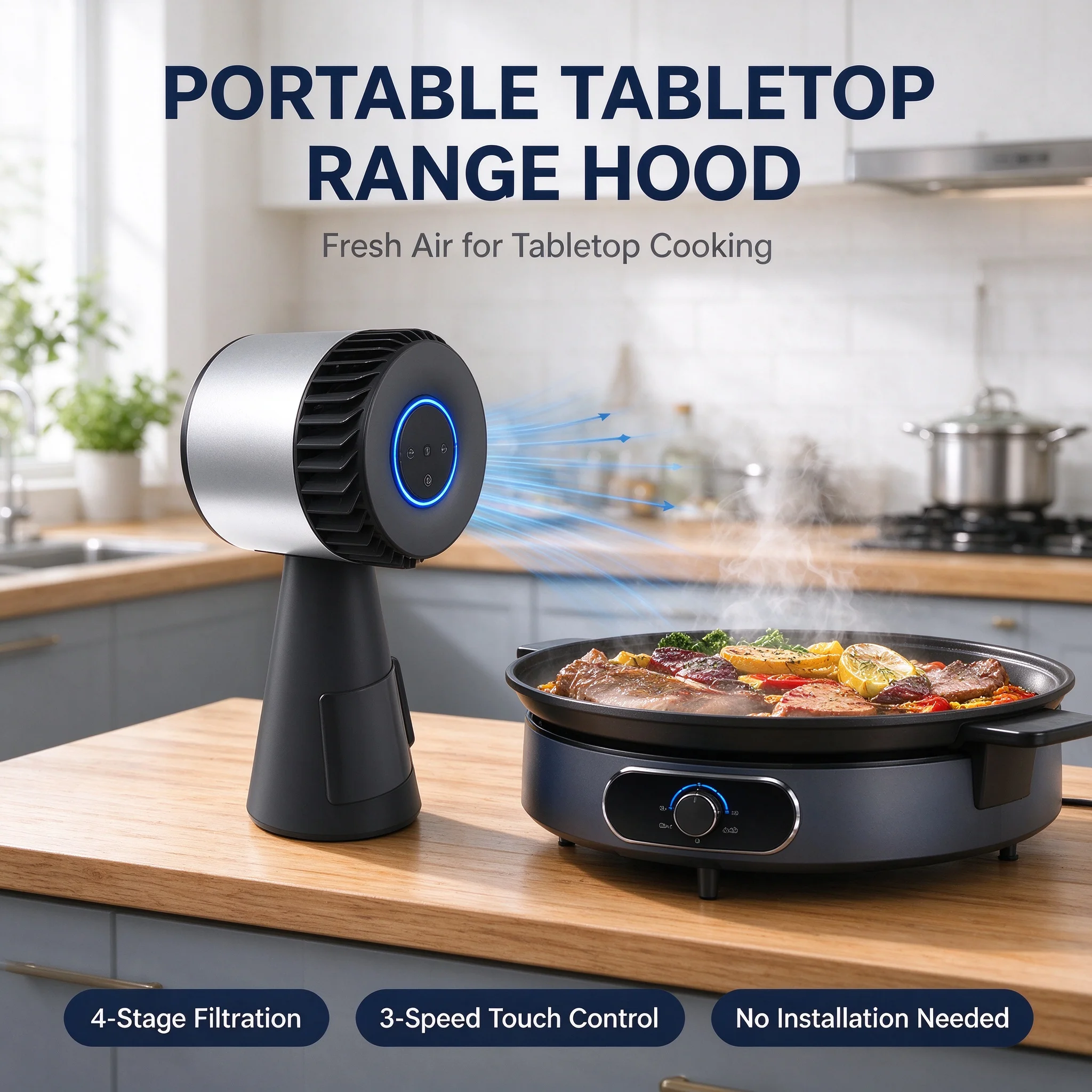 Portable Desktop Hood 4‑Stage Filtration Mini Tabletop Cooker Hood 3‑Speed Low Noise for Kitchen BBQ Picnic Oil Fume Extractor