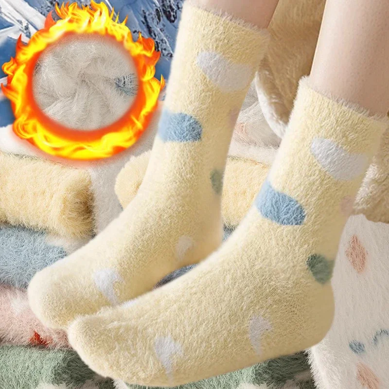 Winter Plush Cartoon Socks Women Flower Cloud Print Warm Middle Tube Sock Girl Outdoor Cold Season Skiing Cycling Thick Hosiery