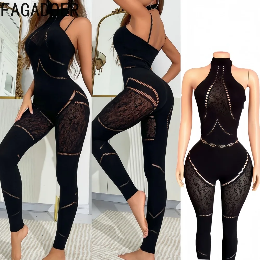 

FAGADOER High Quality Fashion Knitted Bodycon Jumpsuit Women Halter Hollow Out See Though Rompers Female Night Clubwear Overalls