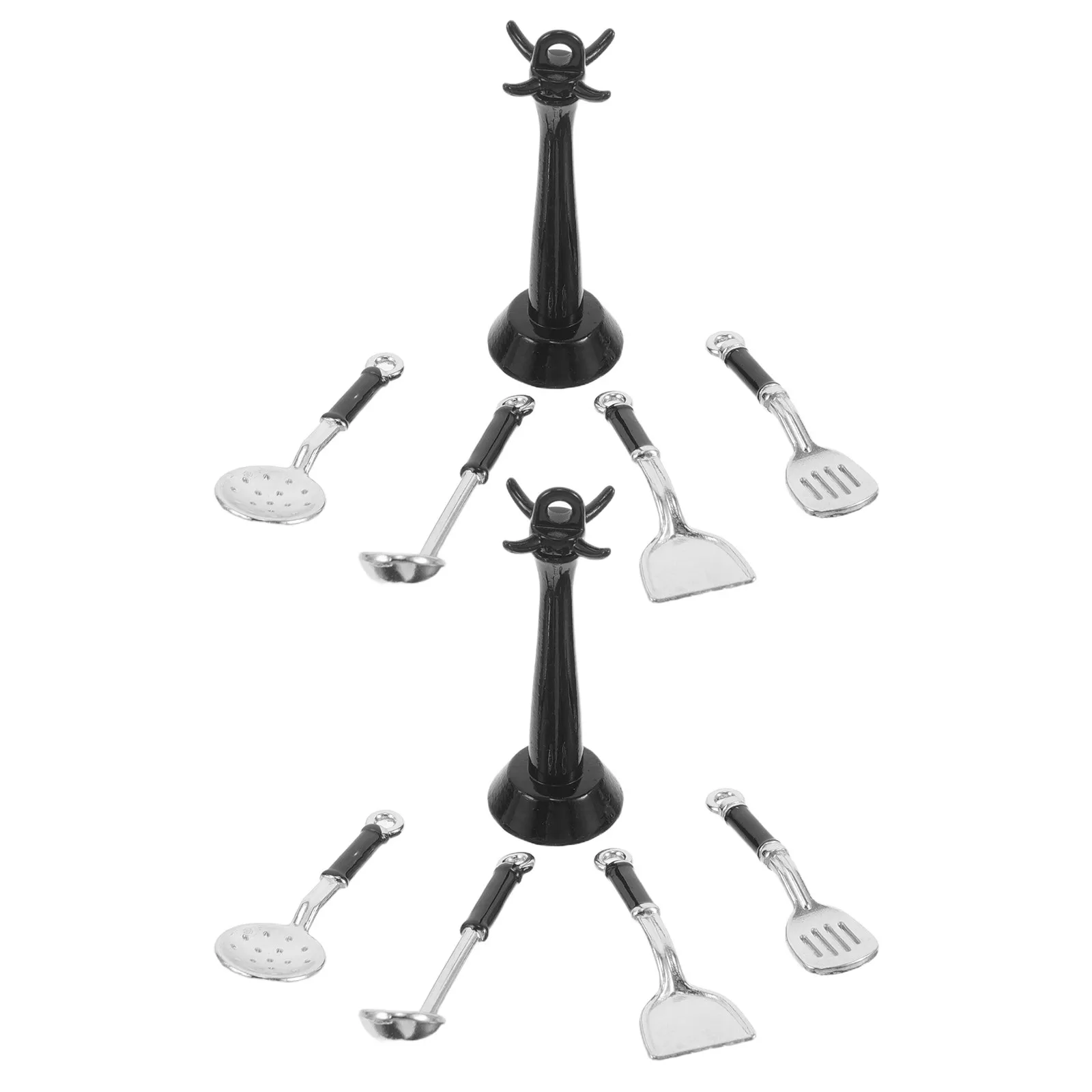 2Sets Miniature Cooking Utensils Realistic Pretend Play Accessories Spatula Ladle Strainer Kitchen Rack for Miniature Kitchen