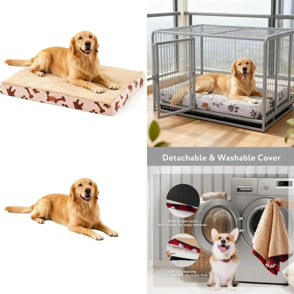

Ортопедическая лежанка для крупных собак - 41x27x4 дюйма, с пеной Egg Crate, съемным чехлом и плюшевым верхом, бежевая