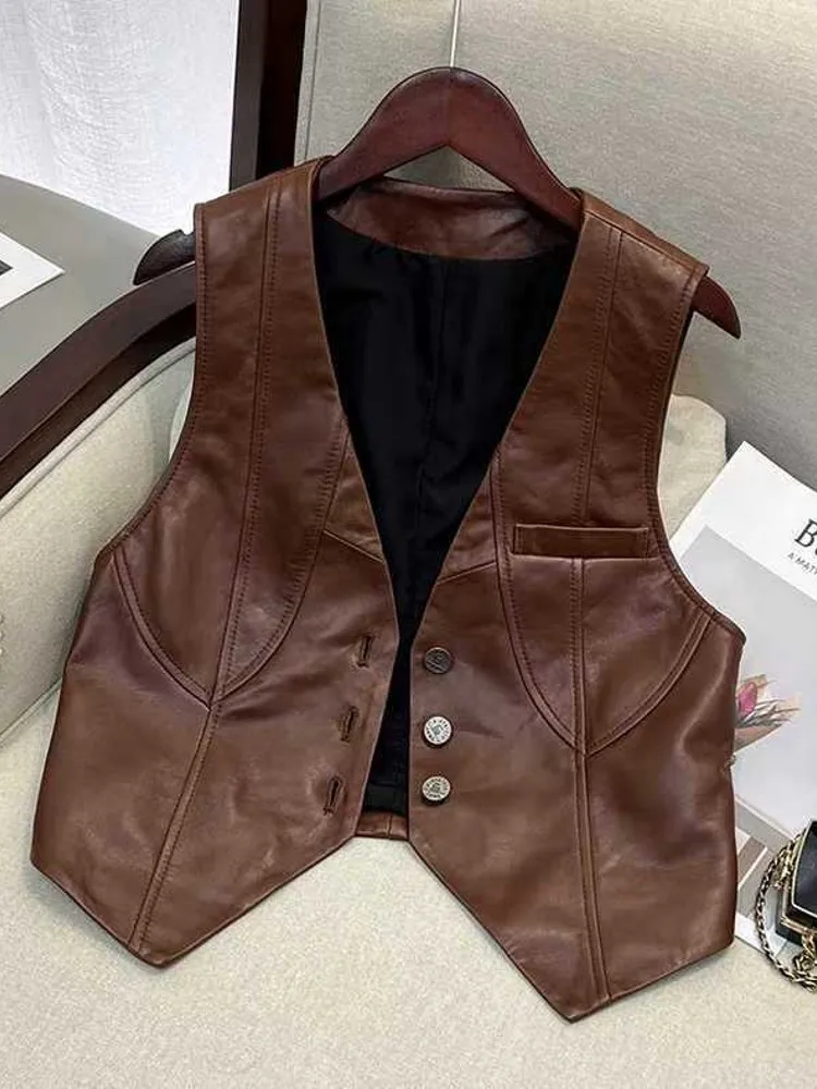 2025 New Spring Women's Casual V-neck Button Imitation Leather Fine Cut Black Vest Female Waistcoat Sleeveless Jacket