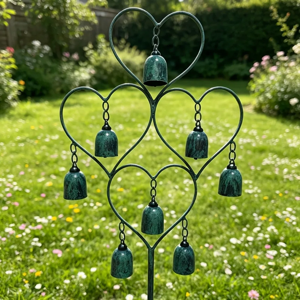 Retro Vintage Green Heart-shaped Wrought Iron Outdoor Garden Lawn Decoration Ornament Rust Proof Metal Wind Chime Decoration