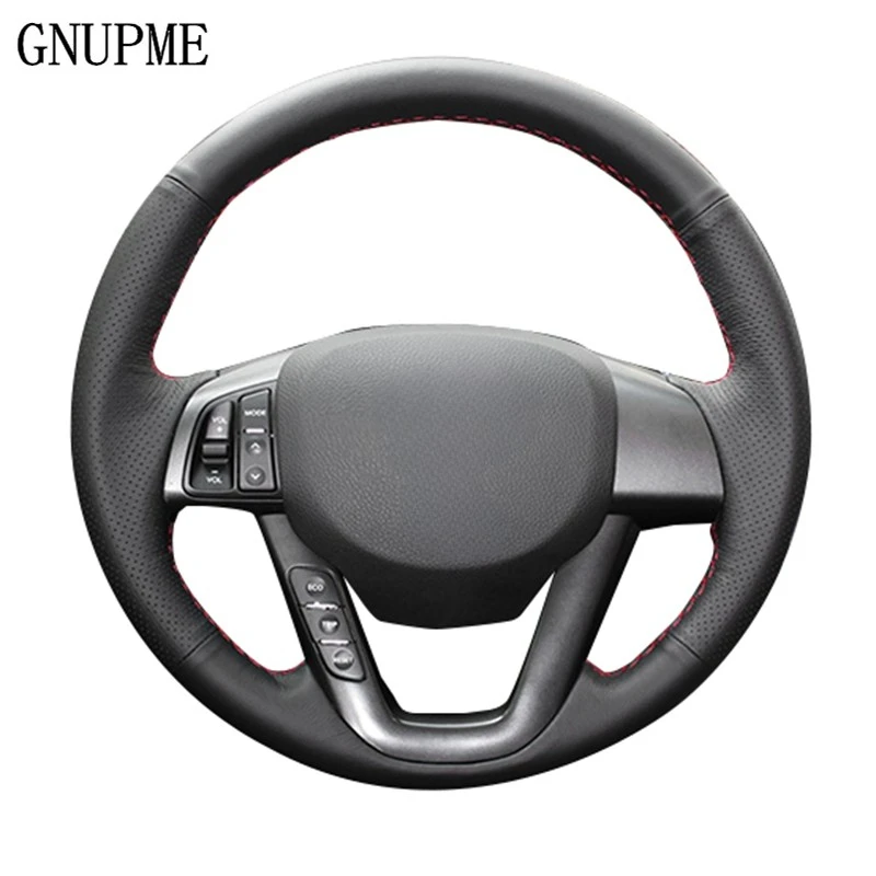 GNUPME Black DIY Hand-stitched Steering Wheel Cover Soft Artificial Leather Car Steering Wheel Cover for Kia K5 2011 2012